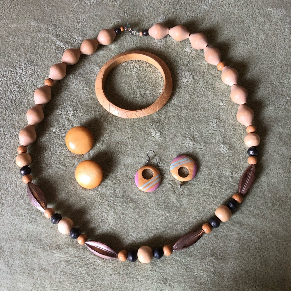 Wood necklace bracelet earrings 4 piece bundle natural cream tan Vintage silver - Picture 2 of 13